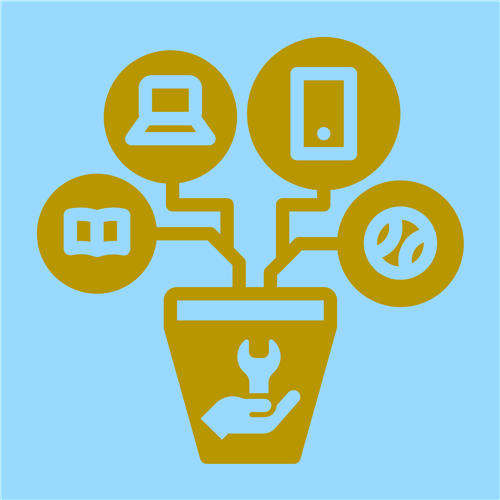 Plant pot decorated with hand holding tool with resource icons growing   